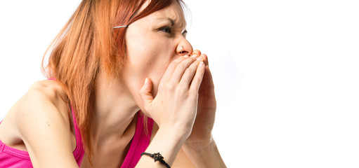 Girl shouting over isolated white background