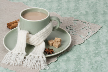 Autumn Concept. Cup Of Hot Coffee, Cocoa or Tea With Milk And Sp