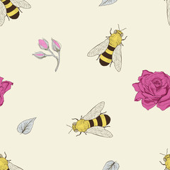 bee and rose seamless pattern