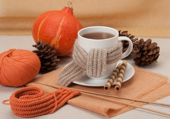 Autumn Concept. Cup Of Hot Tea With Sweets. Yarn Knitting. Pumpk
