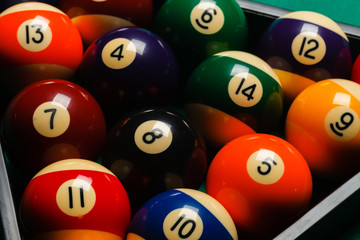 Billiard balls in a pool table.