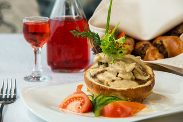 tasty dish with mushrooms in a restaurant
