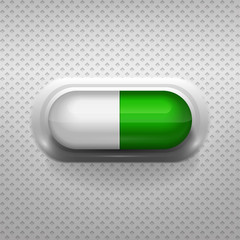 Green and white capsule pill with background