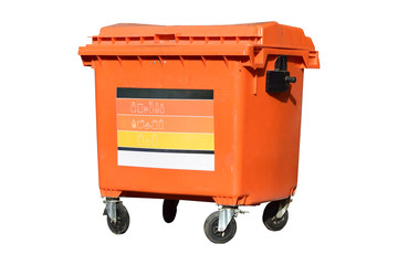 Orange trash can on wheels