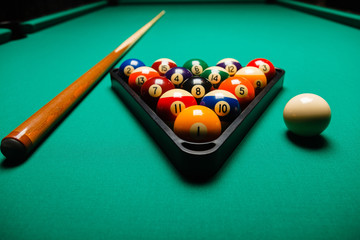 Billiard balls in a pool table.