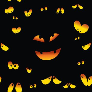 eyes in the dark with a scary pumpkin