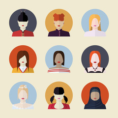 Vector set  of women avatars  different nationalities in flat st