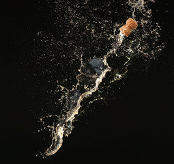 Champagne splashes with cork on black background - obrazy, fototapety, plakaty
