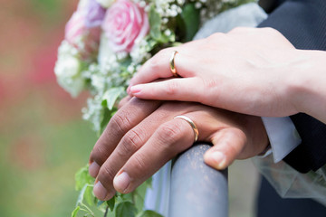 Obraz na płótnie Canvas Wedding, rings and bouquet
