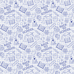 Seamless pattern with school elements on the notebook sheet