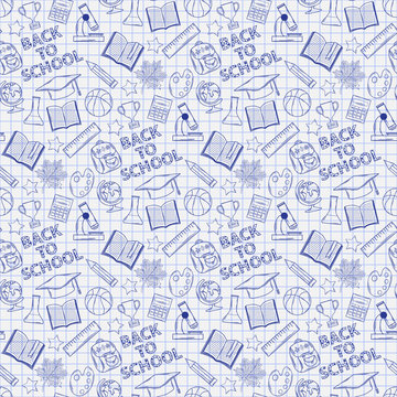 Seamless pattern with school elements on the notebook sheet