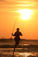 Silhouette of a stick fisherman at sunset, Unawatuna, Sri Lanka