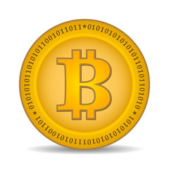 golden bitcoin coin with binary numbers
