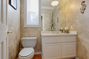 Restroom with white vanity cabinet