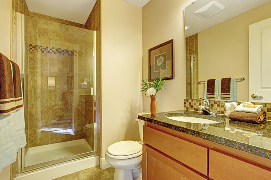 Warm bathroom interior with glass door shower