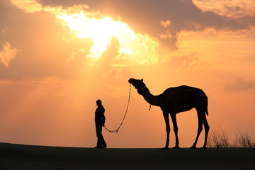 Silhouetted person with a camel at sunset, Thar desert near Jais