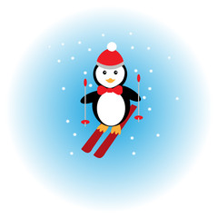 Penguin skiing in the snow