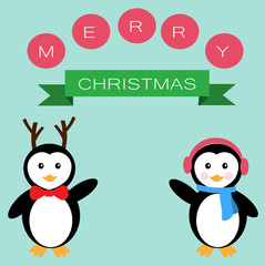 Penguins  and banner for Merry Christmas