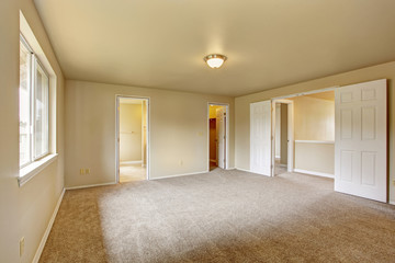 Emtpy master bedroom with bathroom and walk in closet
