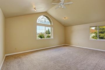 Empty master bedroom with arch window