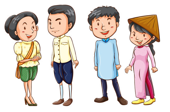 Simple coloured sketches of the Asian people