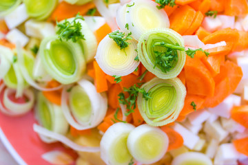 Closeup of sliced leek and carrot