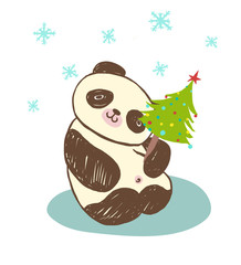 cute animal panda winter with Christmas tree