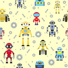 Seamless colorful pattern with detailed robots