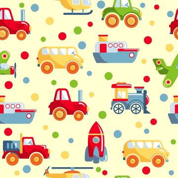Seamless pattern with different kind of toys transport