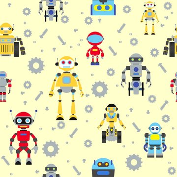 Seamless colorful pattern with detailed robots