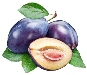 Three plums with leaf.