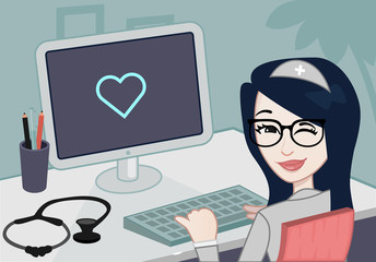 Smiling medical doctor woman with stethoscope with a computer