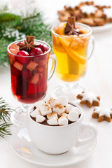 Christmas drinks - hot chocolate with marshmallows, mulled wine