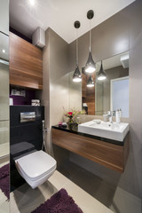 Fototapeta na wymiar Grey and wooden luxury bathroom