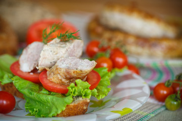 Fototapeta na wymiar sandwich with tomatoes and homemade sausage