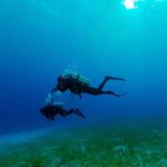 Fototapeta na wymiar Silhouette of Two Divers near Sea Bottom