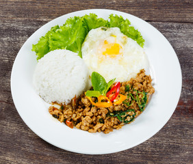 Rice topped with stir fried minced pork and basil