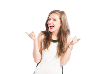 Happy business woman smiling and pointing fingers.