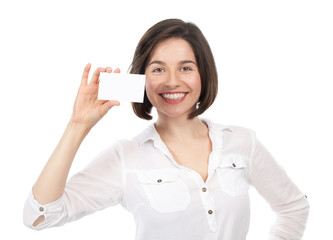 Beautiful woman showing a blank business card