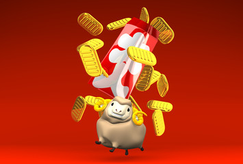 Japanese Old Coins, Sheep On Red Text Space