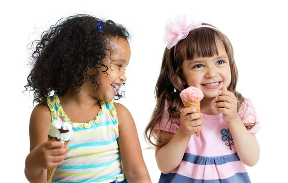 happy kids two girls eating ice cream isolated