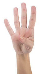 Female hand makes number four isolated on white background