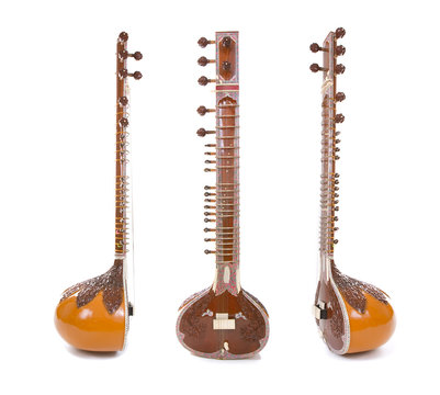 Sitar, a string Indian Traditional instrument, isolated on white