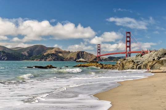 Beach, rocks and bridge Golgen Gate, San Francisco