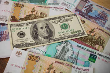 Fototapeta na wymiar 100 dollars backgrounds Russian rubles