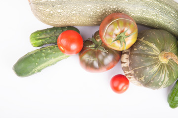 Fresh vegetables assembled from the garden on a bright backgroun