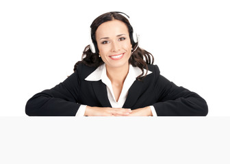 Support phone operator with signboard, isolated
