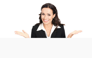 Businesswoman showing blank signboard, on white