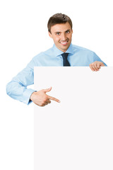 Businessman showing blank signboard, isolated