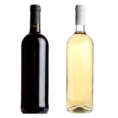 Red and white wine bottles on white background